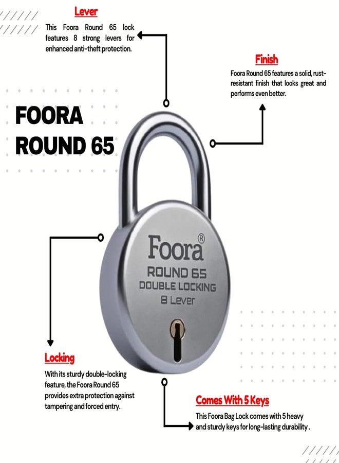 Foora Round 65mm Lock with 5 Keys | Heavy Duty Padlock for Home, Gates, Cabinets & Office Security - Image 2